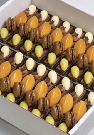 Herfstplankje: kleine canelle van peer, macaron, grote canelle caramelmousse, puntje hazelnootpraliné, kleine canelle appel en