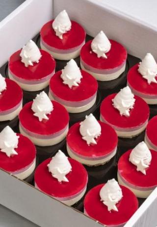 Kerstdessert van rood fruit van cassis en framboos met witte chocolade