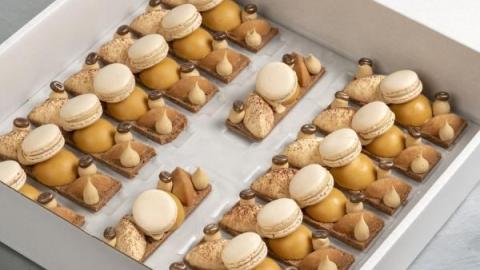 Tiramisu plankje: mascarpone, maccaron, chocolade gold, caramel en hazelnootpuntje