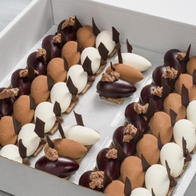 Trio van chocolade met een biscuitbodem