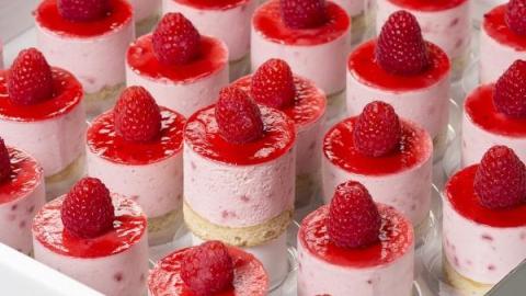 Bavarois dessert framboos met biscuitbodem