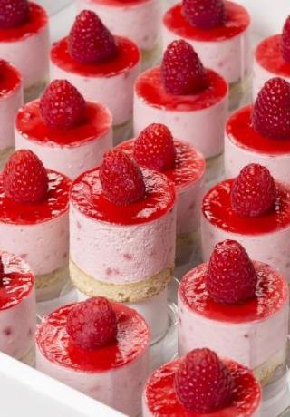 Bavarois dessert framboos met biscuitbodem