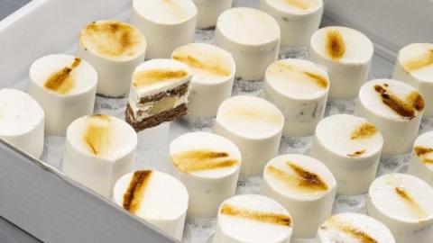 Bavarois dessert peer, met een kern van peer en een biscuit bodem