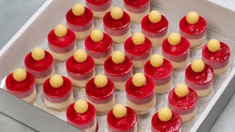 Cylinder witte chocoladecrunch met rood fruit en een witte chocolade bal