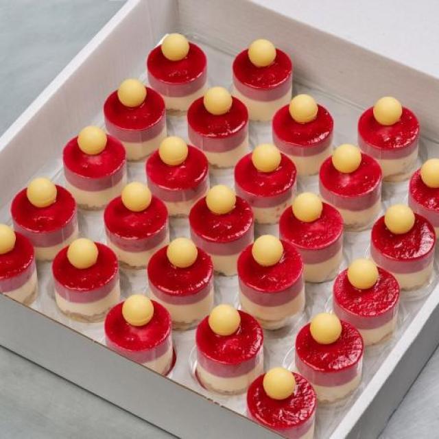 Cylinder witte chocoladecrunch met rood fruit en een witte chocolade bal