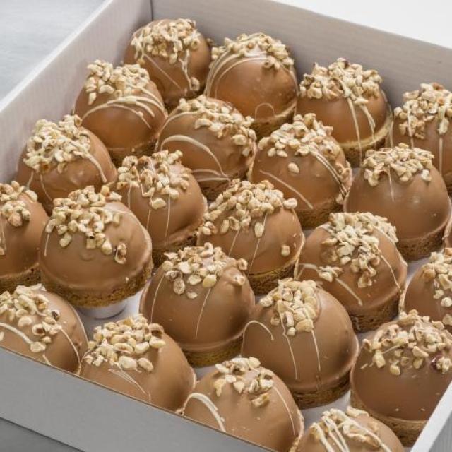 Hazelnootbol: hazelnootcrème overgoten met melkchocolade en een sloffendeegbodem, gedecoreerd met stukjes hazelnoot en witte cho